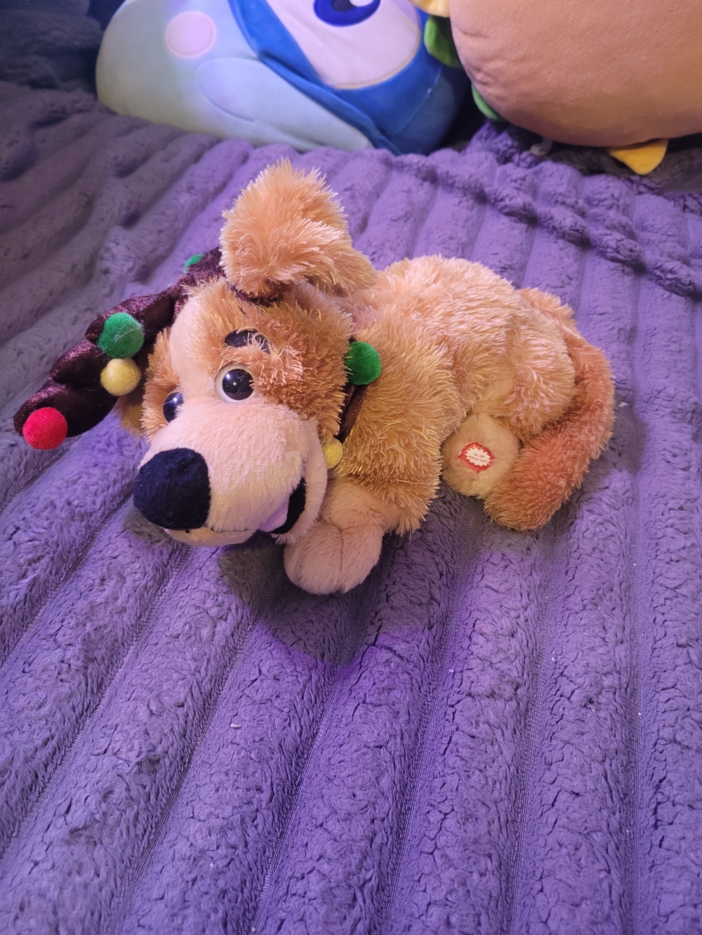 Toy Dog Brown Plush with Colorful Reindeer Pom-Pom Collar - He Rolls Over 2@AAA